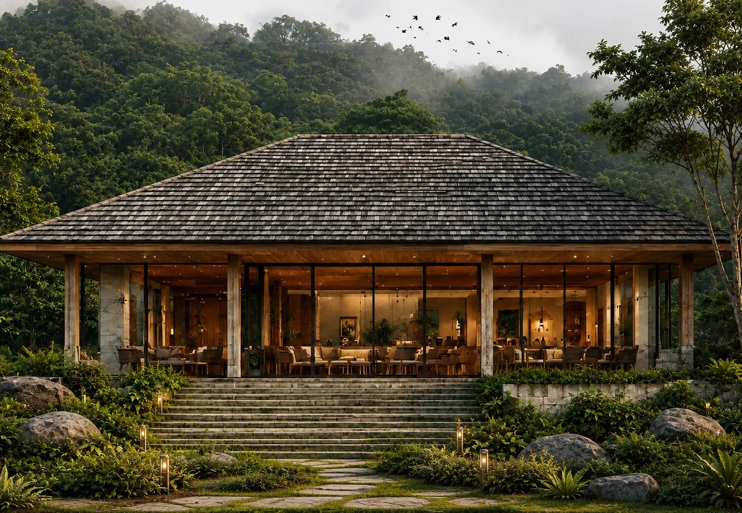 The villa at dusk. These visuals are render concepts.