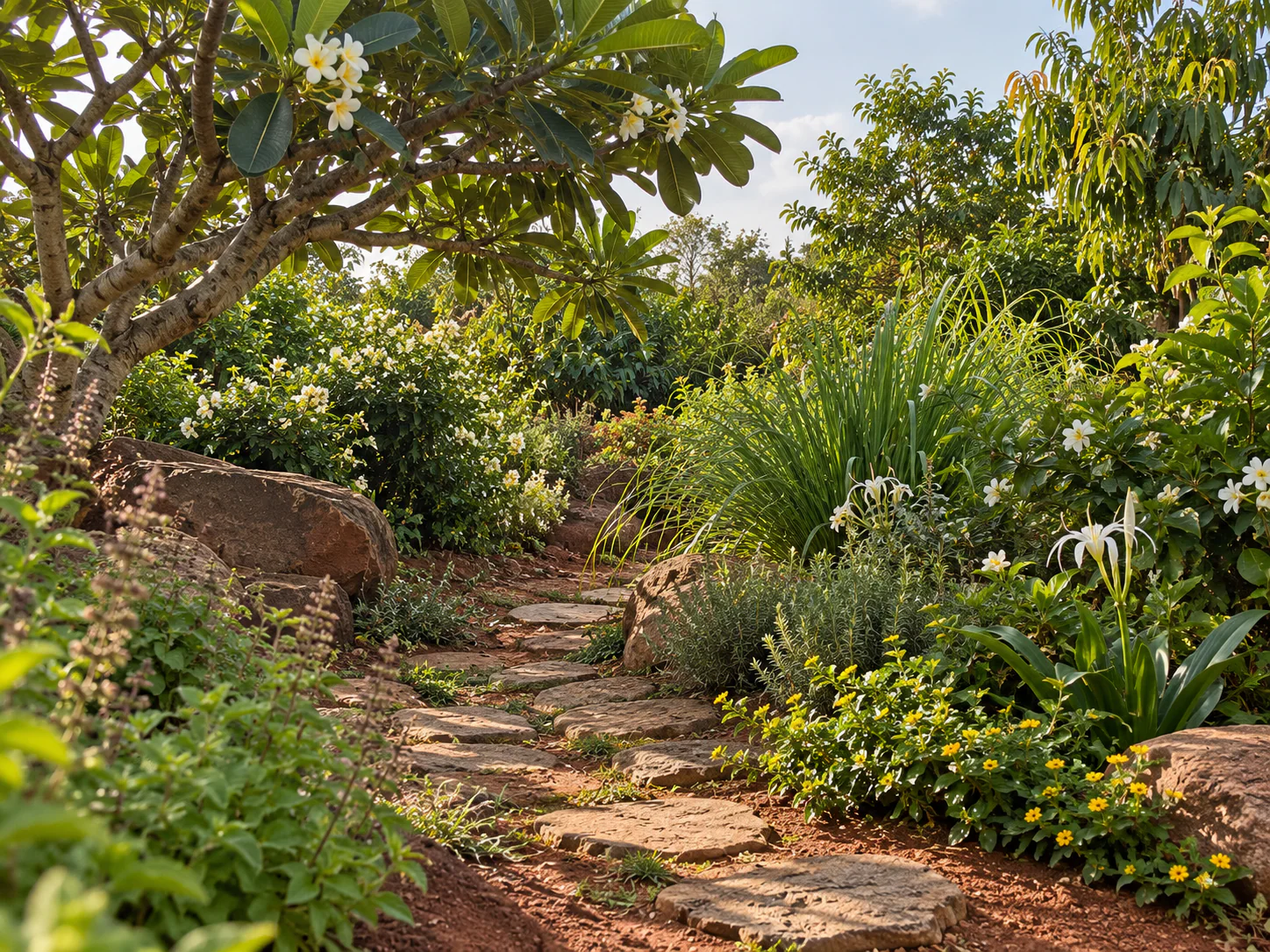Concept render of the aroma garden: a stone path winding between flowering beds and spider lilies, frangipani overhead