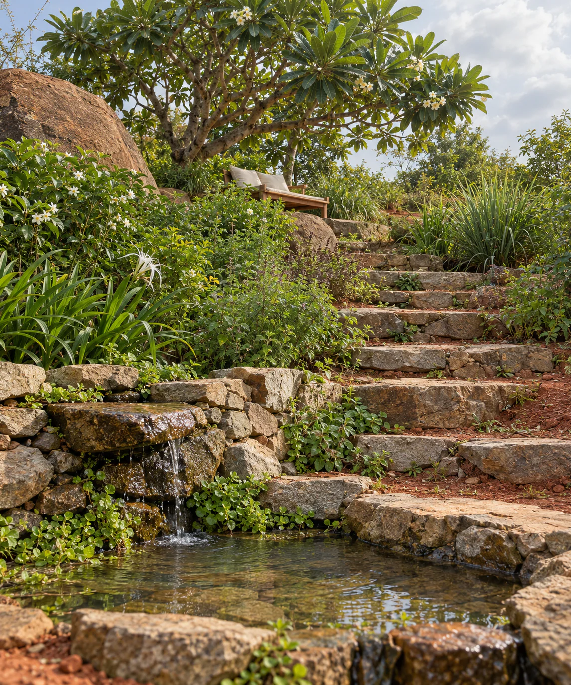 Concept render of the herbal garden: stone steps between herb beds beside a small waterfall into a pool