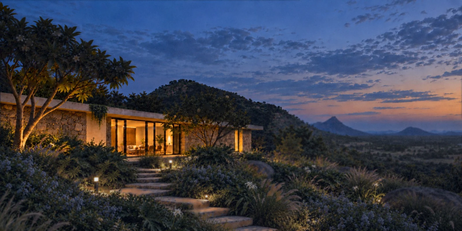 Concept render of a stone villa lit at nightfall, steps climbing to it through the planting, the hills behind