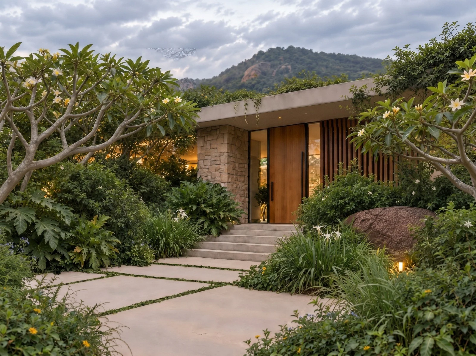 Concept render of a villa entrance: a timber door and a stone wall behind frangipani and garden planting, a boulder hill beyond