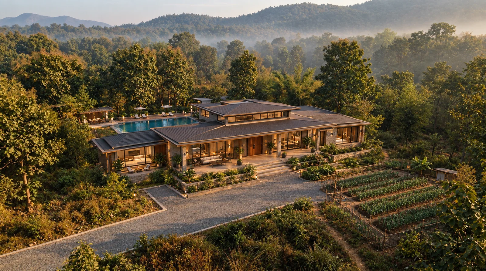 Concept render of a low stone and timber villa among forest trees, with a pool and a kitchen garden