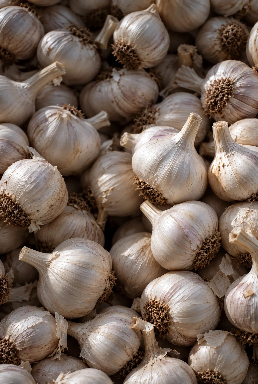 Garlic bulbs close up, their papery skins still dusted with soil