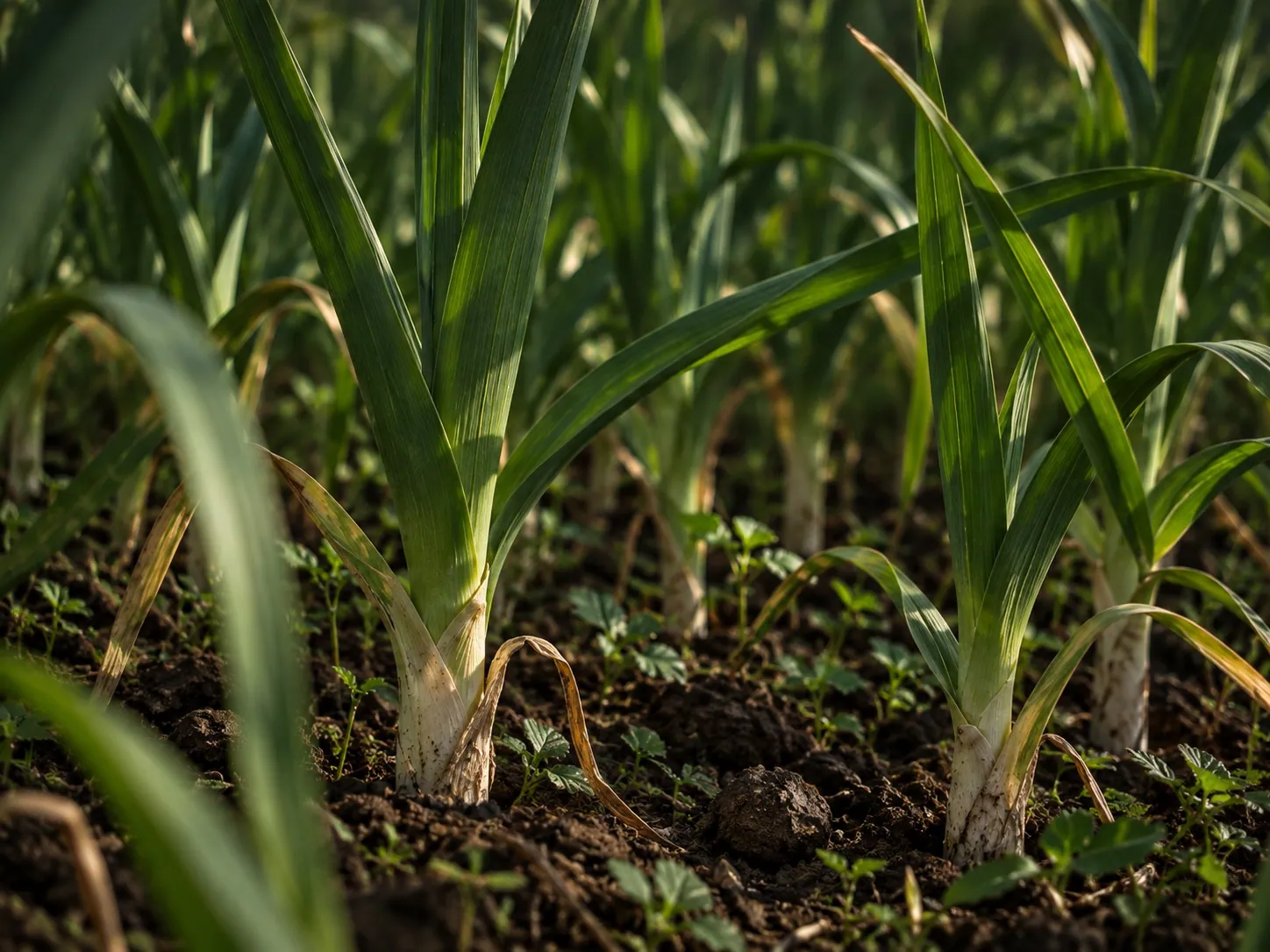 Young garlic plants standing in rows in dark soil, the morning light through their leaves