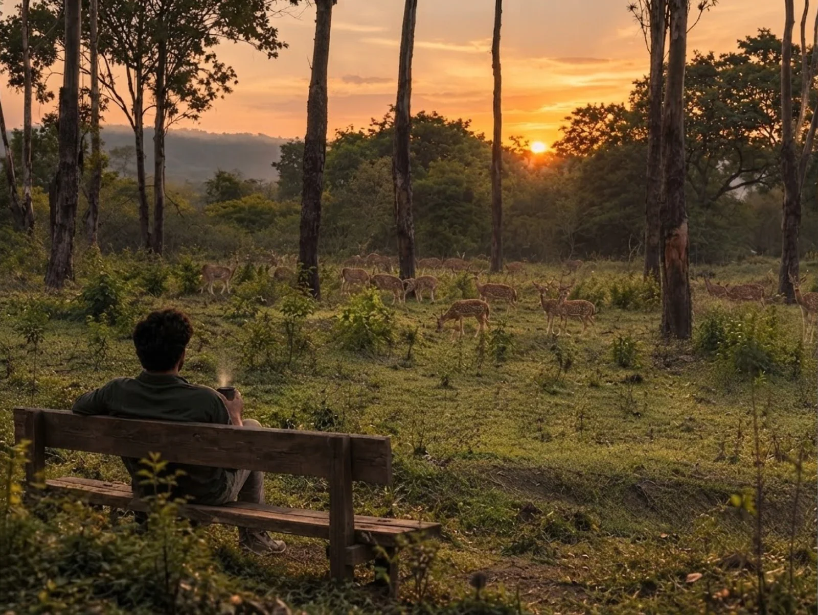 A man with a cup of tea on a wooden bench, watching spotted deer graze at sunset